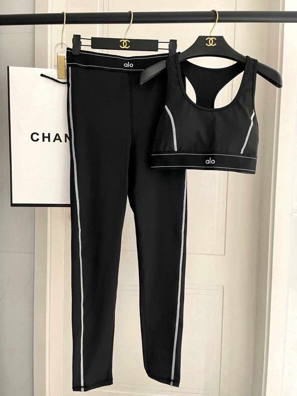 ALO Yoga Black Leggings and Racerback Sports Bra with Contrast Trim